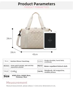 Detailed size chart for water-repellent Oxford cloth travel bag showing dimensions