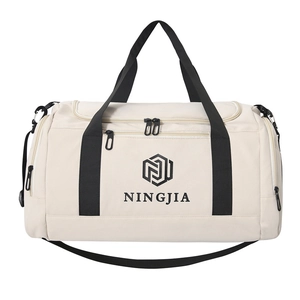Large capacity cream nylon travel bag with black handles and adjustable shoulder strap