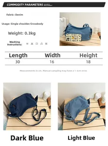 Detailed size chart and specifications for the denim dumpling crossbody bag with dimensions