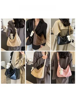 Collage of four large tote bags in beige, brown, black, and pink with plush bear charms