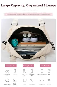 Spacious interior of beige quilted travel bag holding headphones, water bottle and clothes