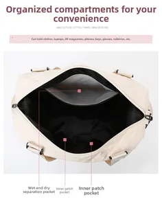 Interior layout of beige quilted travel bag featuring dry wet separation pocket and dividers