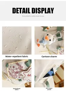 Detalle de tela repelente al agua con bordado y un colgante de pato muy suave