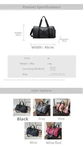 Detailed size specifications and color options for the large capacity travel sports bag