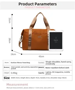 Tableau des tailles du sac de voyage Oxford avec dimensions 43x28x19cm et tissu imperméable