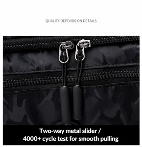 Détails de fermetures éclair métalliques sur sac de voyage en tissu oxford noir
