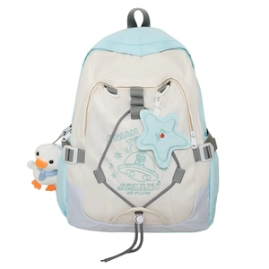 Zaino giapponese blu e beige con stampa spaziale e ciondolo a forma di papera