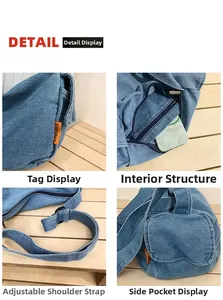 Detail view of denim crossbody bag showing zipper pocket, adjustable strap and side pouch
