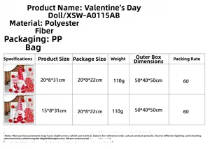 Detailed size and material chart for plush Valentine Gnomes with heart decorations