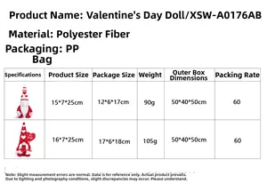 Detailed size chart for Valentine's Day heart gnome plush dolls with polyester material specs