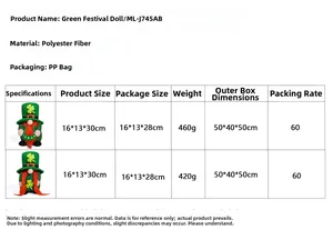 Size chart for green St. Patrick's Day gnome dolls featuring detailed dimensions and weights