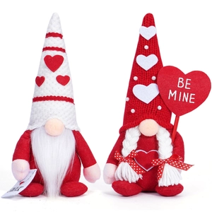 Valentine's Day gnome plush duo with red and white heart design and 'Be Mine' sign