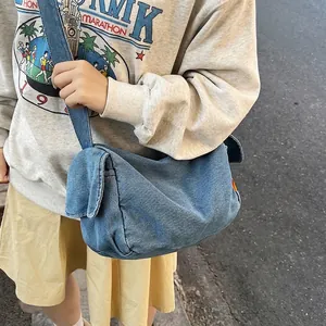 Women Vintage Large Capacity Denim Crossbody Bag Casual Streetwear Washed Jeans Shoulder Sling Bag Half Moon Hobo Handbag