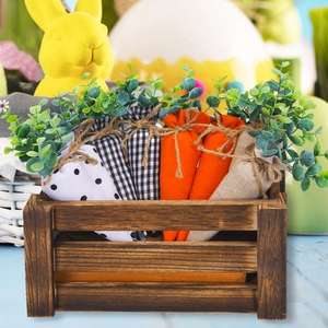 Easter fabric carrot set with checkered and dot prints in a rustic vintage wooden crate