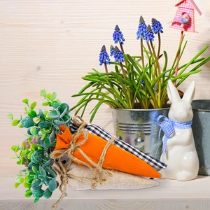 Rustic Easter carrot set with buffalo plaid, orange felt, and burlap textures on wood