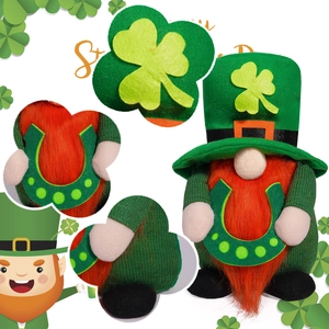 Close-up details of St. Patrick's Day gnome featuring clover hat and orange beard