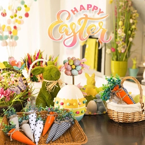 Detailed close-up of decorative Easter carrots with polka dots and diverse fabric textures