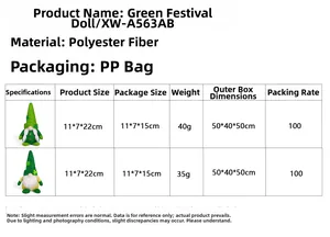 Detailed size and weight chart for Saint Patrick's Day green gnome plush decorations