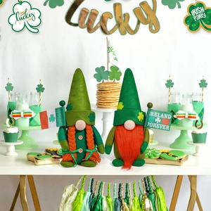 Detail of St. Patrick's Day gnomes with clover hats and Ireland Forever flags