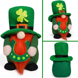 Detailed view showing the front, side and back of a St. Patrick's Day green gnome doll