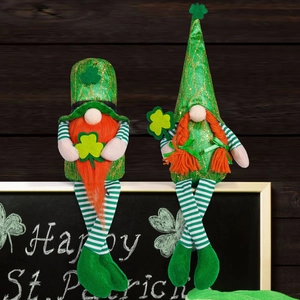 Detail of St. Patrick's Day gnomes with green sequins, orange beards and shamrock accents
