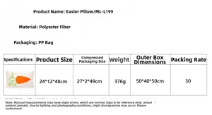 Size guide for Easter carrot pillow showing dimensions 24x12x48cm and weight 376g
