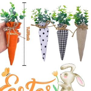 Set of 4 Easter carrots with plaid and polka dot patterns, 7.87 inch festive hanging decor