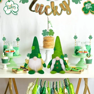 Close-up of St. Patrick's Day gnomes with shamrock hats and plush white beard details