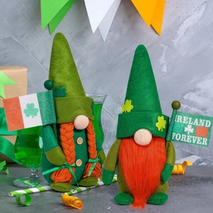 Detail of St. Patrick's Day gnomes with shamrock hats and Ireland Forever flags