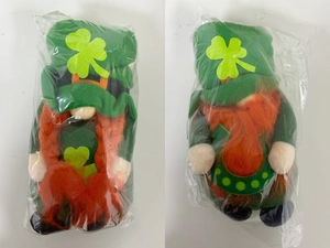 Detail of St. Patrick's Day gnomes with green clover hats and orange beards in packaging