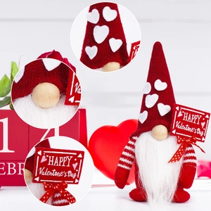 Red Valentine's Day faceless gnome plush with heart hat and Happy Valentine's Day sign