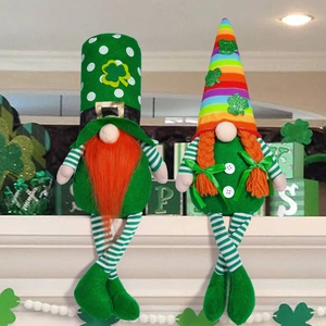 St. Patrick's Day gnomes with green shamrock hat, rainbow stripes and long striped legs