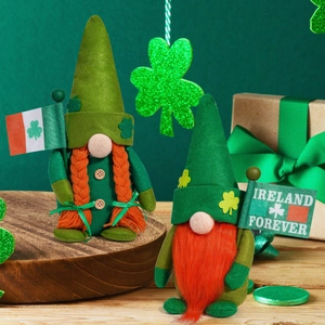 Detail of St. Patrick's Day gnomes with Ireland Forever banner and clover motifs