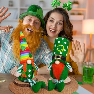 Macro detail of St. Patrick's Day gnomes with green shamrocks and rainbow sequins