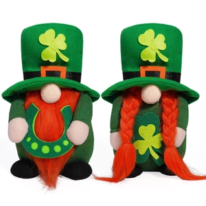 St. Patrick's Day gnome plush set with green shamrock hat and lucky horseshoe ornament