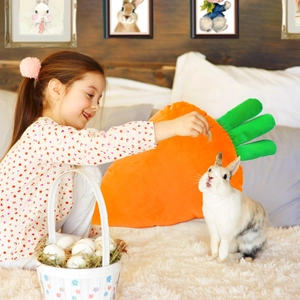 Detail of soft carrot plush pillow with green leaves in a cozy Easter home setting