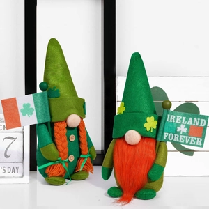 St. Patrick's Day gnomes with green hats and Ireland Forever flags for decor