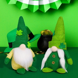 Detail of St. Patrick's Day gnomes featuring shamrock hats and plush clover textures