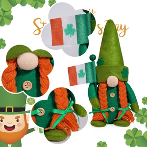 Detail view of St. Patrick's Day gnome with green hat, orange braids and Irish flag