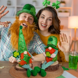 Detail of St. Patrick's Day gnomes featuring orange beards, braids, and sequined clover hats