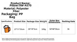Size chart for the St. Patrick’s Day beer pillow showing polyester fabric and dimensions