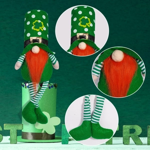 Detail of St. Patrick's Day gnome featuring green clover hat and orange faux fur beard