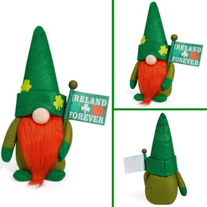 Detail of St. Patrick's Day gnome holding Ireland Forever flag and shamrock hat
