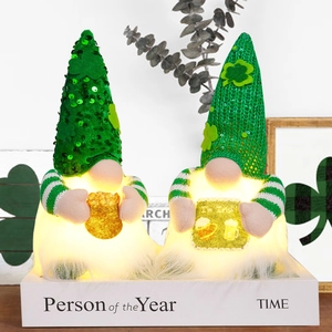 Lighted St. Patrick's Day gnomes with green sequins, shamrocks and I'm Irish sign