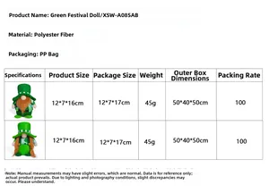 Size chart showing dimensions for St. Patrick's Day green gnome plush ornaments