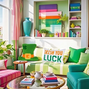 Detail of Irish lucky green top hat pillow and Irish You Luck decorative cushion