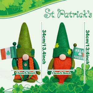 Saint Patrick's Day gnomes pair with clover hats and Ireland Forever flags