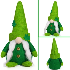 Close-up of green St. Patrick's Day gnome with shamrock hat and white plush beard