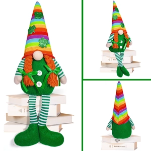 Three views of a St. Patrick's Day gnome with a rainbow hat and clover sequin accents