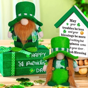 Macro detail of male and female St. Patrick's Day gnomes on festive clover base